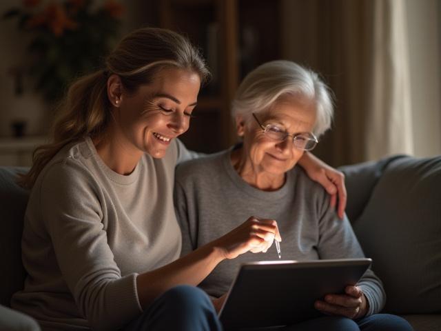 Hija acompañando a su madre en una sesión de movilidad en casa