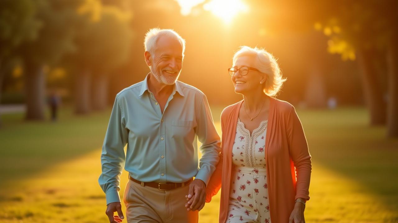 Pareja senior caminando activamente y sonriendo en un entorno natural