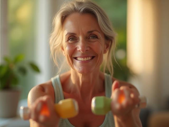 Mujer madura sonriente practicando ejercicio de fuerza con pesas ligeras en un ambiente luminoso