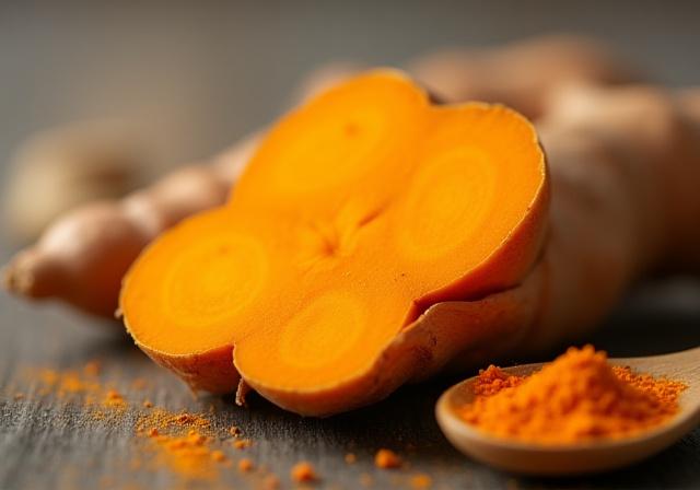 Raíz de cúrcuma fresca y polvo de curcumina